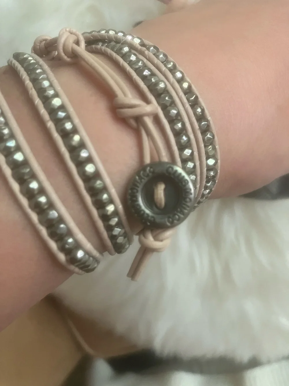 Chan Luu Beige Leather Wrap Bracelet with Silver Beads